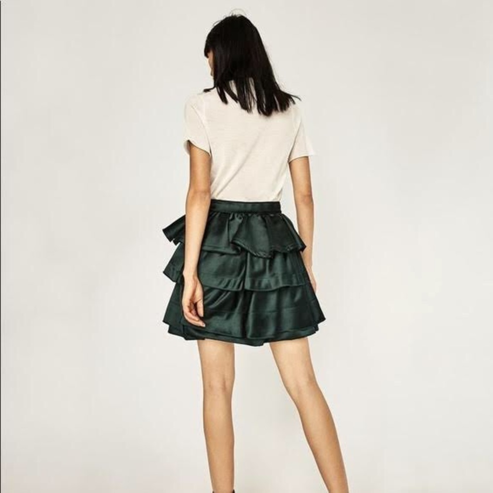 Zara green tiered satin skirt